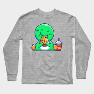 Cute Dinosaur Eating Pizza Cartoon Long Sleeve T-Shirt